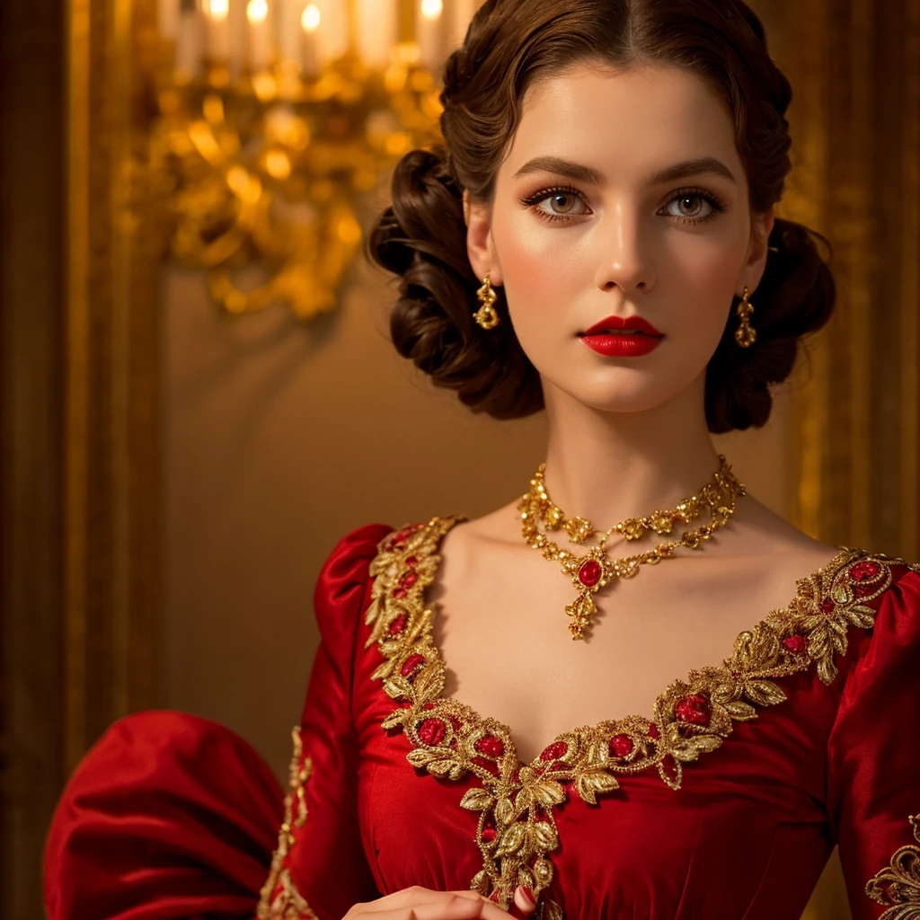 a beautiful young woman in a red dress, detailed face and eyes, red lips, long eyelashes, victorian era dress, ornate patterns, high collar, detailed lace, period jewelry, opulent gold accents, intricate hairstyle, dramatic lighting, chiaroscuro, renaissance art style, cinematic composition, rich color palette, dramatic lighting, photorealistic, highly detailed, 8k, best quality, masterpiece