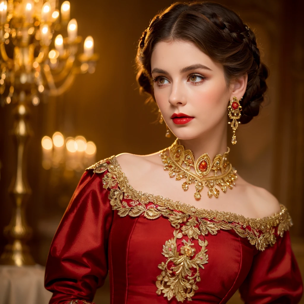 a beautiful young woman in a red dress, detailed face and eyes, red lips, long eyelashes, victorian era dress, ornate patterns, high collar, detailed lace, period jewelry, opulent gold accents, intricate hairstyle, dramatic lighting, chiaroscuro, renaissance art style, cinematic composition, rich color palette, dramatic lighting, photorealistic, highly detailed, 8k, best quality, masterpiece