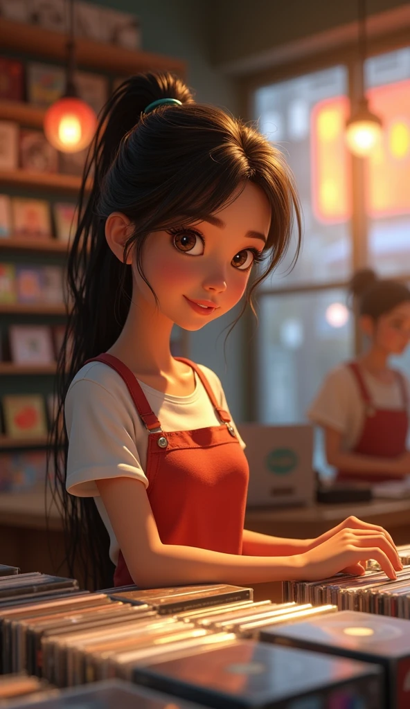 A georgous girl working in cd shop, pixar style, cinematic, masterpiece, high-aesthetic, realistic