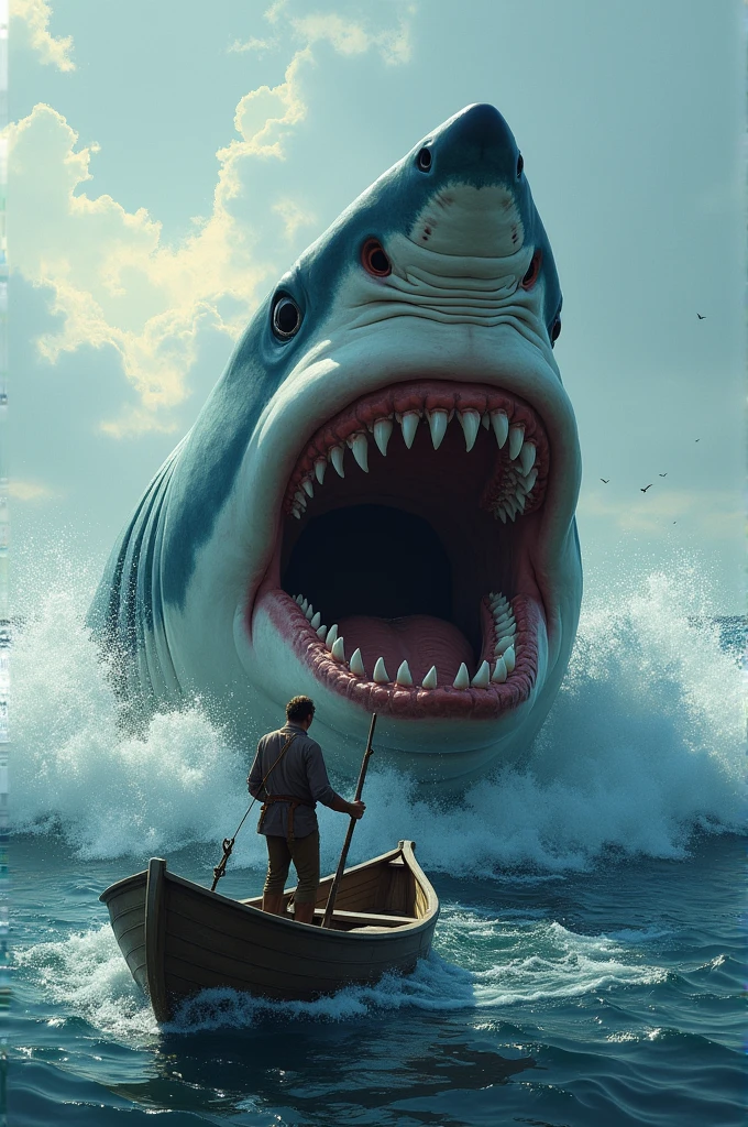 Shark coming into the sea and fisherman on top in the boat