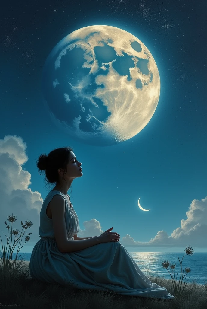 Woman sitting watching the moon (to draw on canvas)
