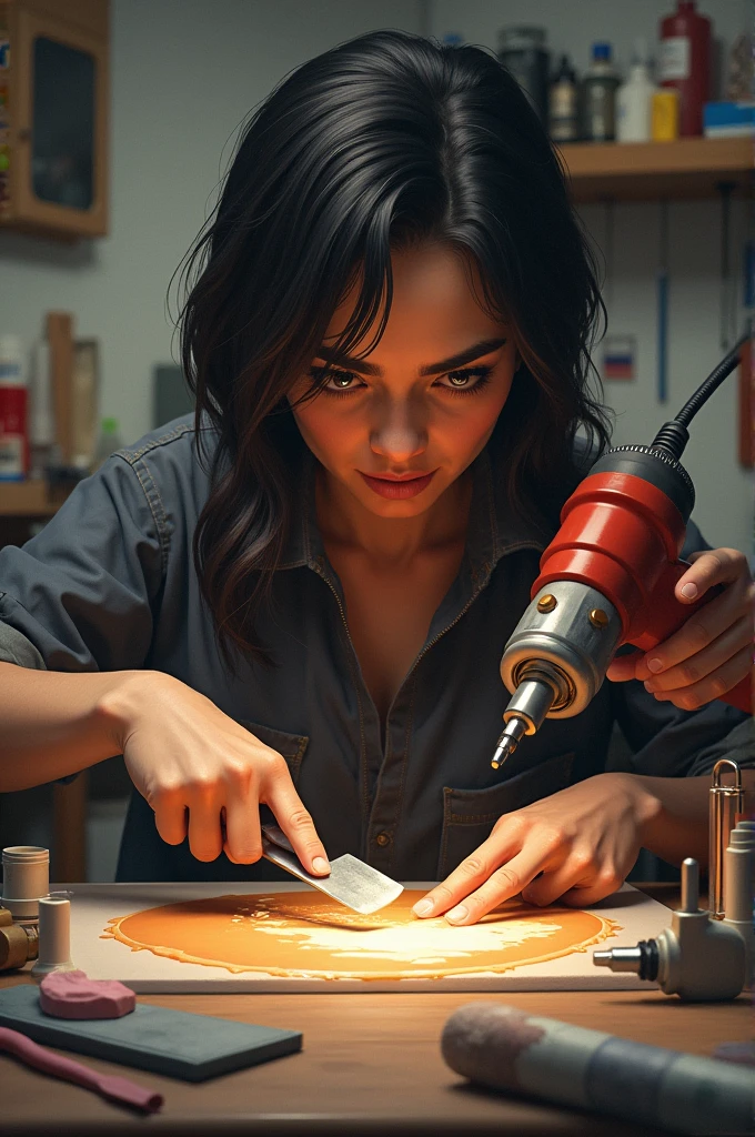 Character applying adhesive with adhesive spatula and heat gun