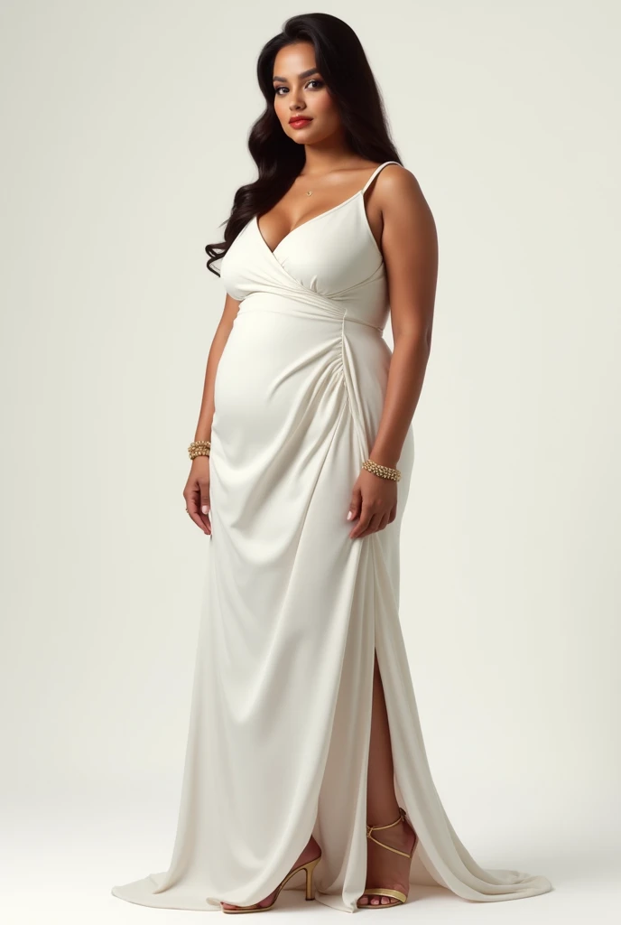 Woman of Venezuelan descent in a conservative white dress of about 170 pounds that looks realistic in the full-body photo and with beautiful sandals and an ankle bracelet
