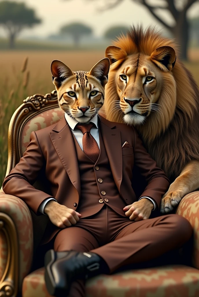 Very rich savannah cat wearing elegant suit sitting on luxurious chair with realistic atlas lion next to him, real, high resolution details, full picture as real life