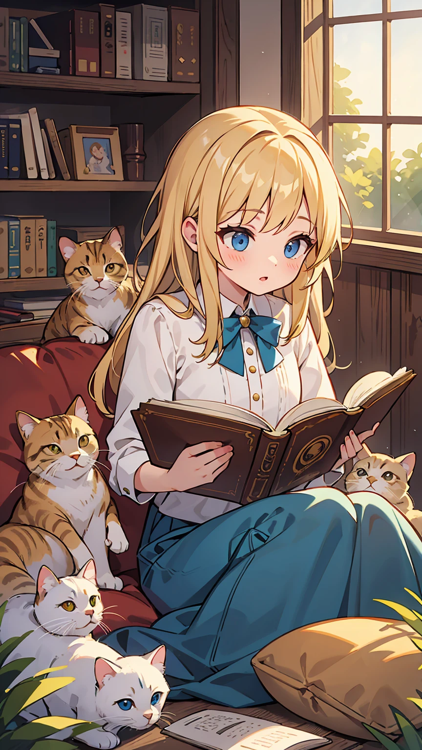 Blonde hair girl, beautiful, reading stories to cats, fine detail, high detail, super resolution
