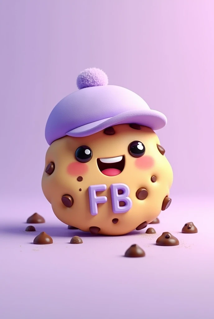 Non-realistic drawing type cookie that is happy, that has chocolate chips, that had a light purple cap and that said FB in capital letters and that the background was light purple 