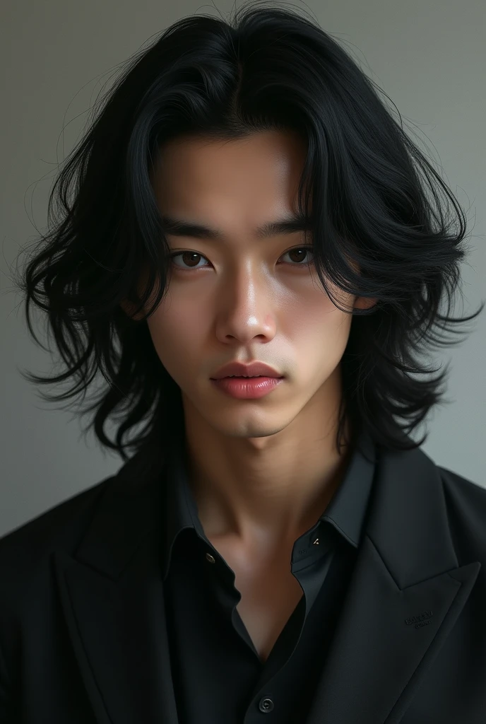 Create a male Asian man, 180cm tall, slightly muscular but thin body, long hair,blackw, wavy and neck-length, small, slanted eyes, slightly large nose with high bridge and thick eyebrows.