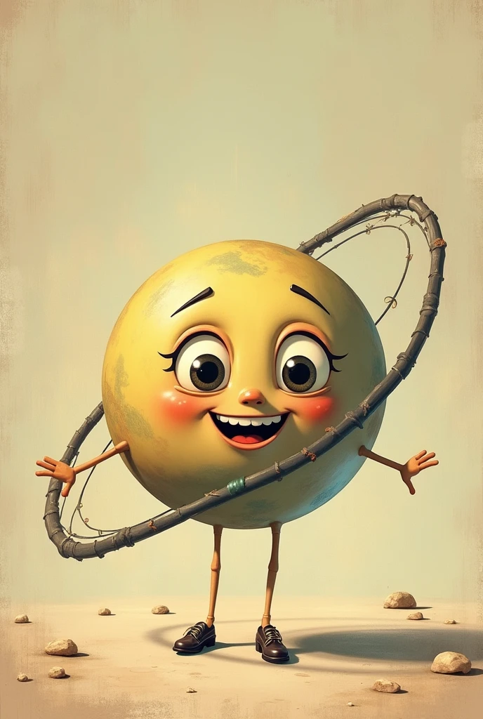 smiling reminiscent of illustrations from the 1930s. The planet has a friendly and vintage expression, with big bright eyes, and a smiling mouth. Around the planet, A giant pencil draws a line that circumscribes it, as if he were drawing a circle around himself. The scene has a retro style with soft colors and subtle shadows., evoking the aesthetics of classic 1930s animations