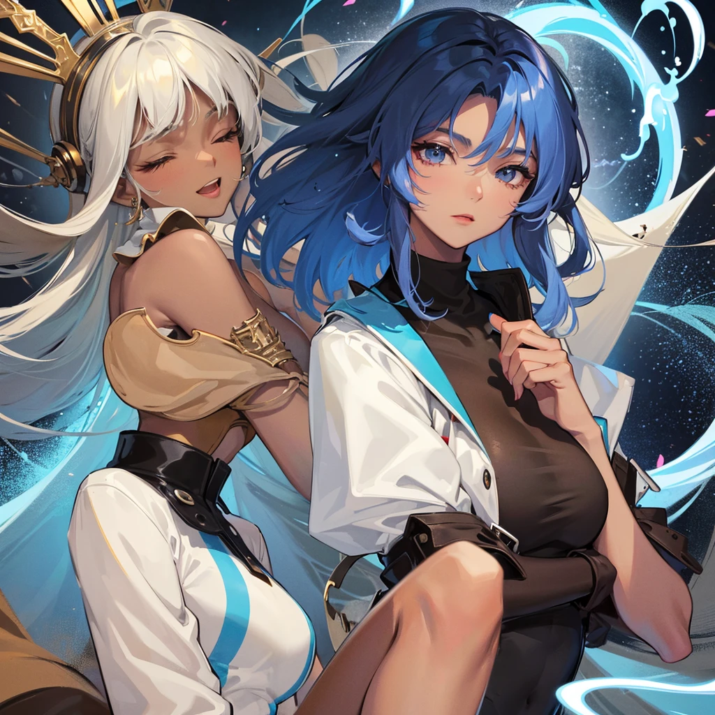 A dark-skinned woman, half closed eyes what a bigger expression, brown short hair. A light-skinned man, half closed eyes what a crazy expression, medium long light blue hair. Looking at yourself anime style.