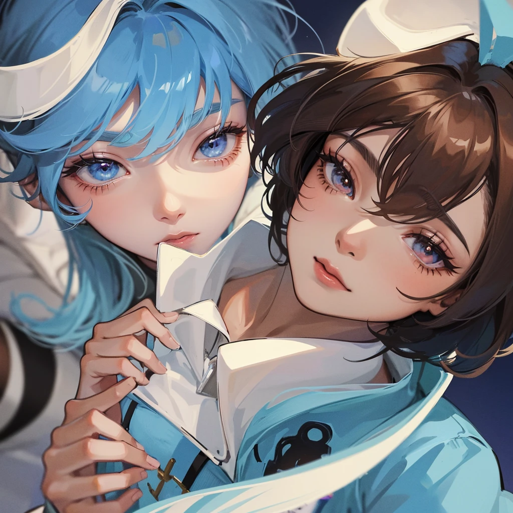 A dark-skinned woman, half closed eyes what a bigger expression, brown short hair. A light-skinned man, half closed eyes what a crazy expression, medium long light blue hair. Looking at yourself anime style.