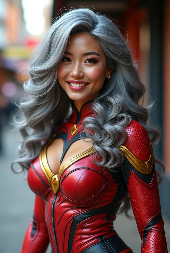 A beautiful youthful looking asian version of Ariana Grande as a 50 years old woman with long her completely gray hair in a big curls styles as a retired asian inspired superhero wearing her costume suit witch looks like a comic superhero suit again for a photoshoot she is smiling for the camera