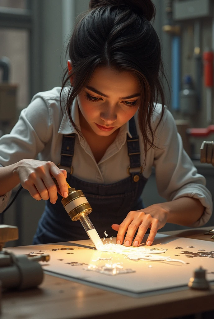 Character applying adhesive with adhesive spatula and heat gun 