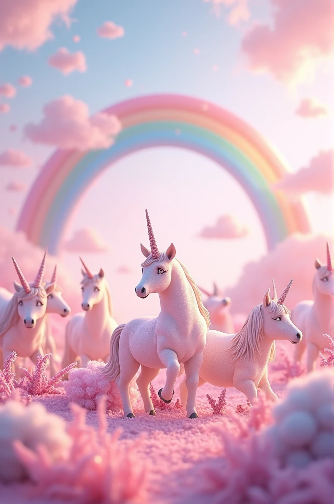many unicorns in a pink world with rainbows
fantasy cute