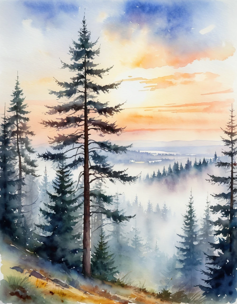Paparotniks at sunset in the fog, Beautiful fir trees in the background,soft clouds,white mist, Stefan Kolesnikov+Konstantin Moskovsky, watercolor