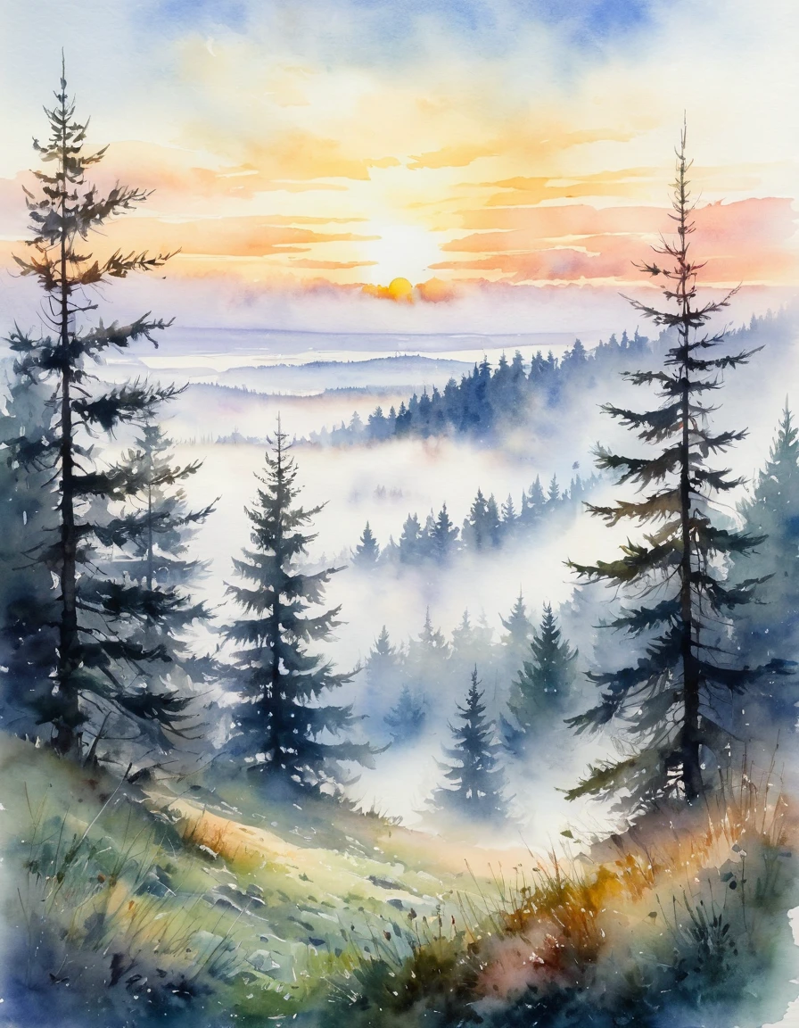 Paparotniks at sunset in the fog, Beautiful fir trees in the background,soft clouds,white mist, Stefan Kolesnikov+Konstantin Moskovsky, watercolor