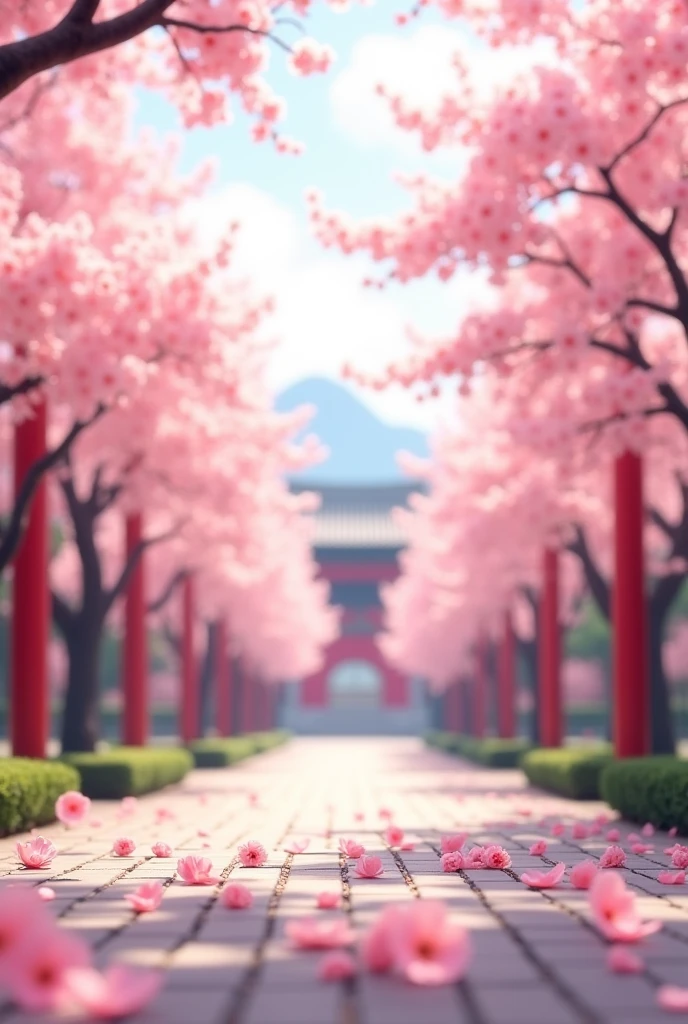 Make a banner in the middle with the word cacholo written on it and in the background a place in China sakura with falling petals