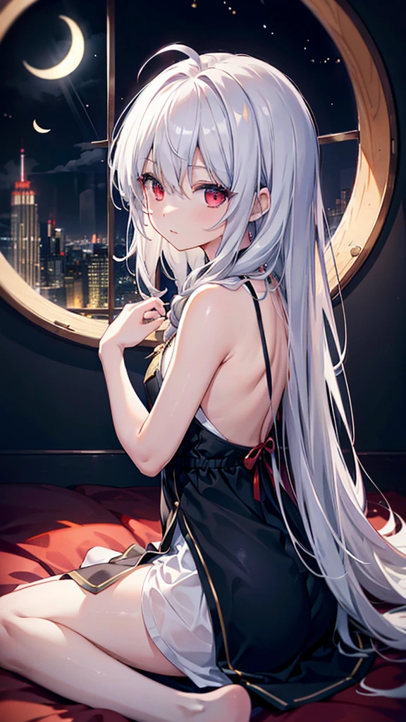 One person, solo, Long Hair, High resolution, chest, とてもLong Hair, Gray Hair, Ahoge, High resolution, masterpiece, Highest quality, Simple Background, Red eyes, Open your mouth a little, prison、Jail、薄dark、night中、Crescent Moon、White dress、noble、Lady、Sitting on the floor、Light shines in like a spotlight from the only window、Very small window、Round window、High up windows、Fantasy、moonlight、night、Back view, Simple Background, Overlooking, Fisheye Shot, dark、Reaching for the light、night、背景はdark、The lower part of the background is reddish black、The upper part of the background is black