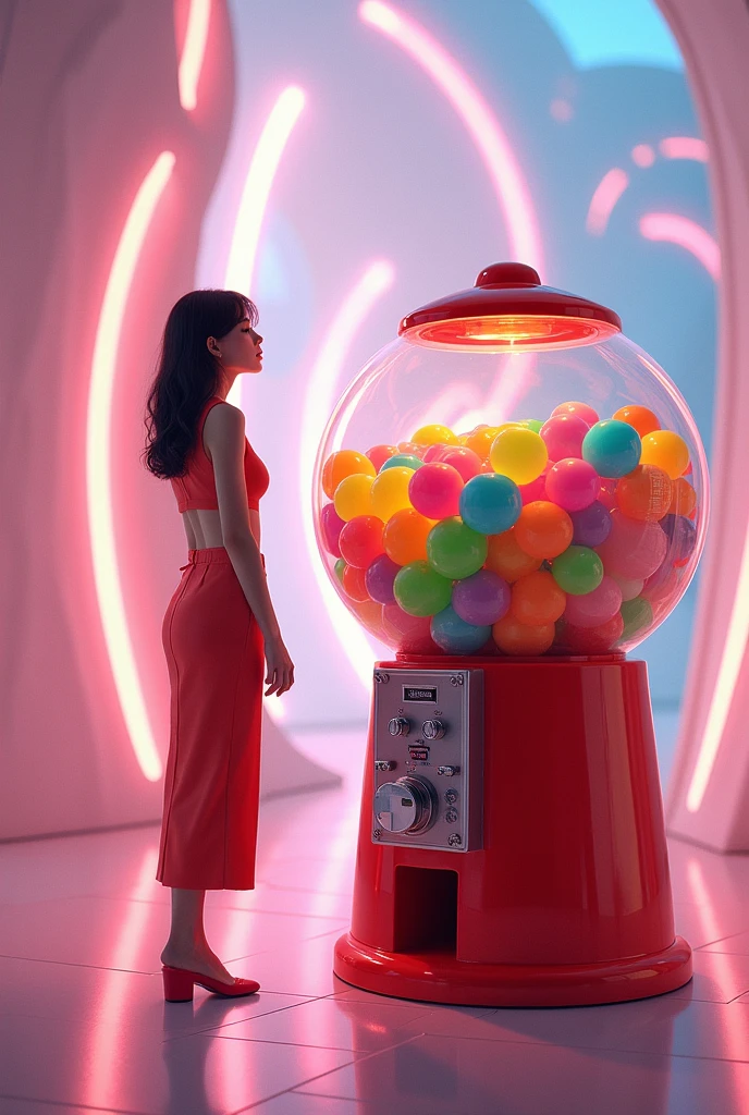 Gumball machine and a female kpop idol looking at it in awe 