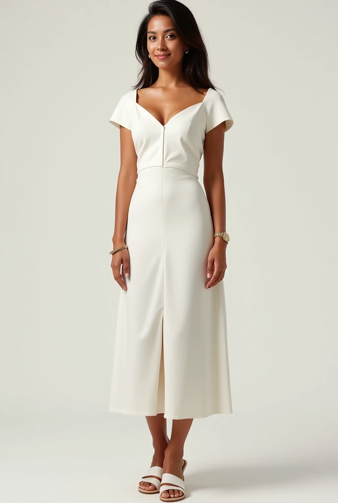 Woman of Venezuelan descent in a conservative white dress of about 165 pounds that looks realistic in the full-body photo and with beautiful sandals and an ankle bracelet
