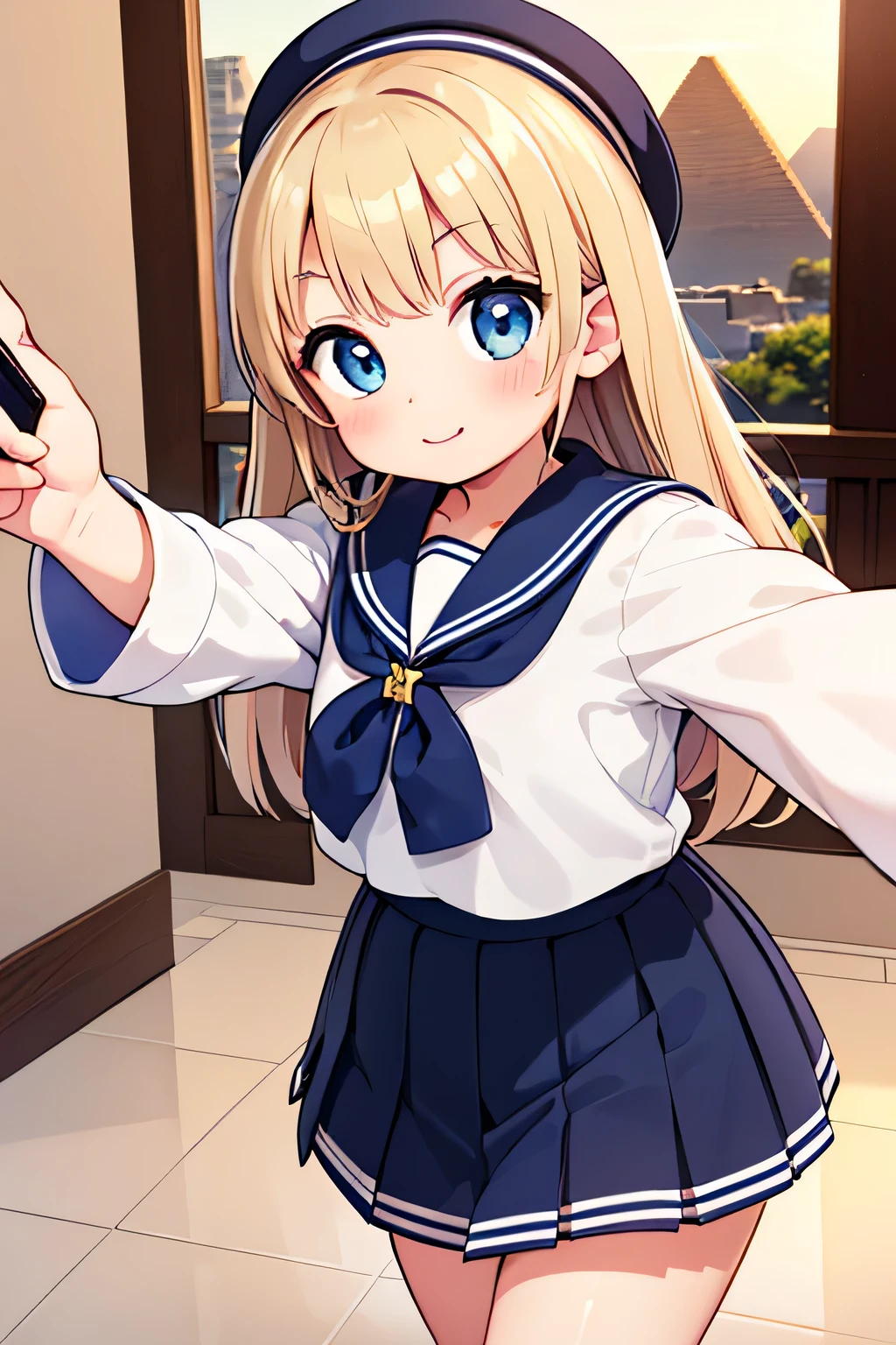 Highest quality、High resolution、Detailed Background、(Beautiful face in every detail:1.4)、Anatomically correct、(Normal number of fingers:1.2)、(Highly detailed face:1.2)、(Detailed eyes)、Teenage beauty、Perfect body line、Light color hair、well-groomed eyebrows、Shiny navy blue sailor suit、White sailor collar、Navy blue pleated skirt、White Stockings、School trip、Ruins Spot、In a joking manner、A fun atmosphere、A big smile、smile、
(A beautiful girl taking a selfie with a famous spot in the background:1.5)、
Pyramids of Giza, Egypt、A magnificent ancient site known as the legacy of the great dynasties of Ancient Egypt、cute
