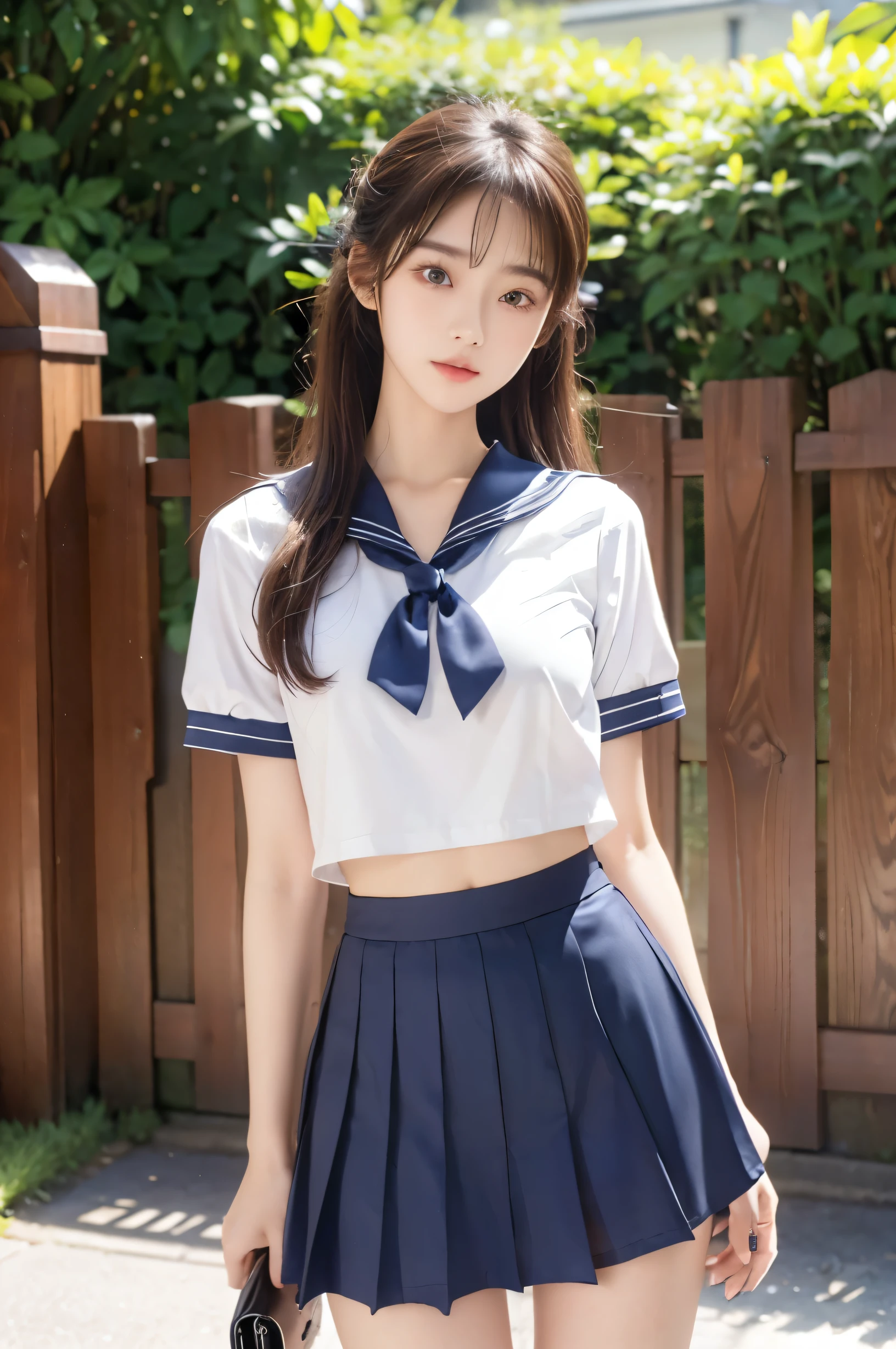 (Ultra HD), (Looking at me), (The whole body is shown), (Short-sleeved sailor uniform, Navy blue mini skirt), Big Breasts, slender, Narrow waist, (I can see my belly button:0.8), (Thin legs:1.2), (Thin thighs:1.2), (Thin Hips:1.4), (Beautiful Skin, Shiny skin, White skin), (Super slim face, Super beautiful face, No makeup), (ponytail, Layered Cut, Fluffy hair), (double eyelid, Slanted Eyes), Small Nose, Thin lips, Are standing, In front of the school gate