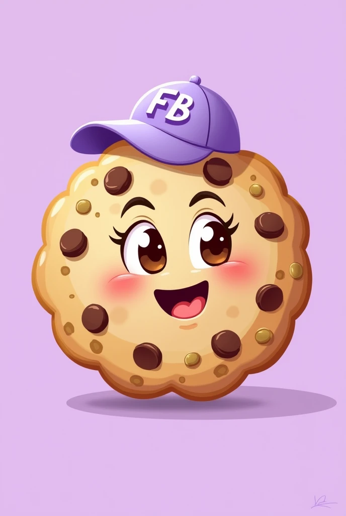 cookie type drawing for non-realistic logo that is happy, that has chocolate chips, that had a light purple cap and that said FB in capital letters and that the background was light purple 