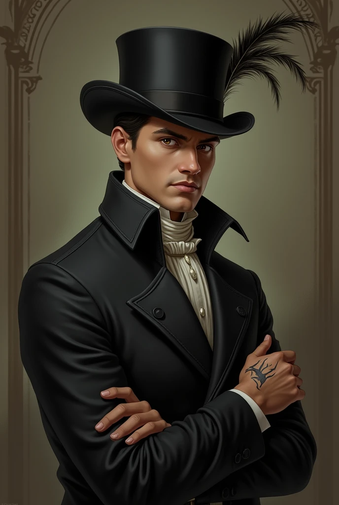 Tall man with short black hair, dark brown eyes, brown skin tone, with a calculating look, dress in frac, with a hat that has a feather and a scar on his hand and part of his arm.