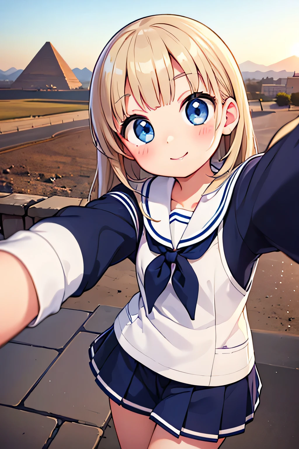 Highest quality、High resolution、Detailed Background、(Beautiful face in every detail:1.4)、Anatomically correct、(Normal number of fingers:1.2)、(Highly detailed face:1.2)、(Detailed eyes)、Teenage beauty、Perfect body line、Light color hair、well-groomed eyebrows、Shiny navy blue sailor suit、White sailor collar、Navy blue pleated skirt、White Stockings、School trip、Ruins Spot、In a joking manner、A fun atmosphere、A big smile、smile、
(A beautiful girl taking a selfie with a famous spot in the background:1.5)、
Pyramids of Giza, Egypt、A magnificent ancient site known as the legacy of the great dynasties of Ancient Egypt、cute