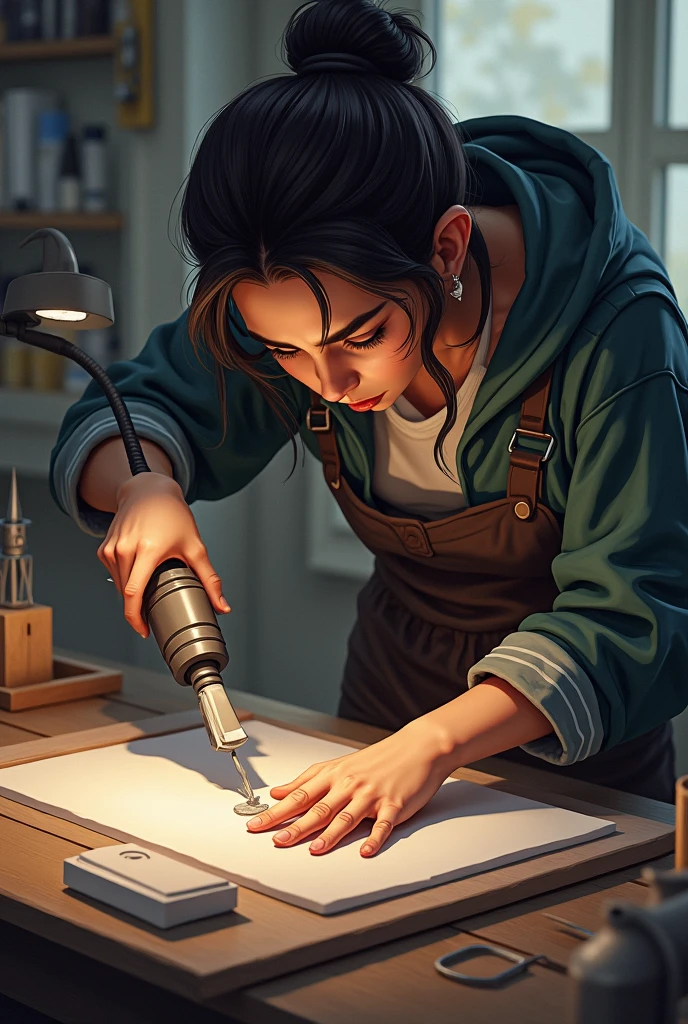 Character applying adhesive with adhesive spatula and heat gun