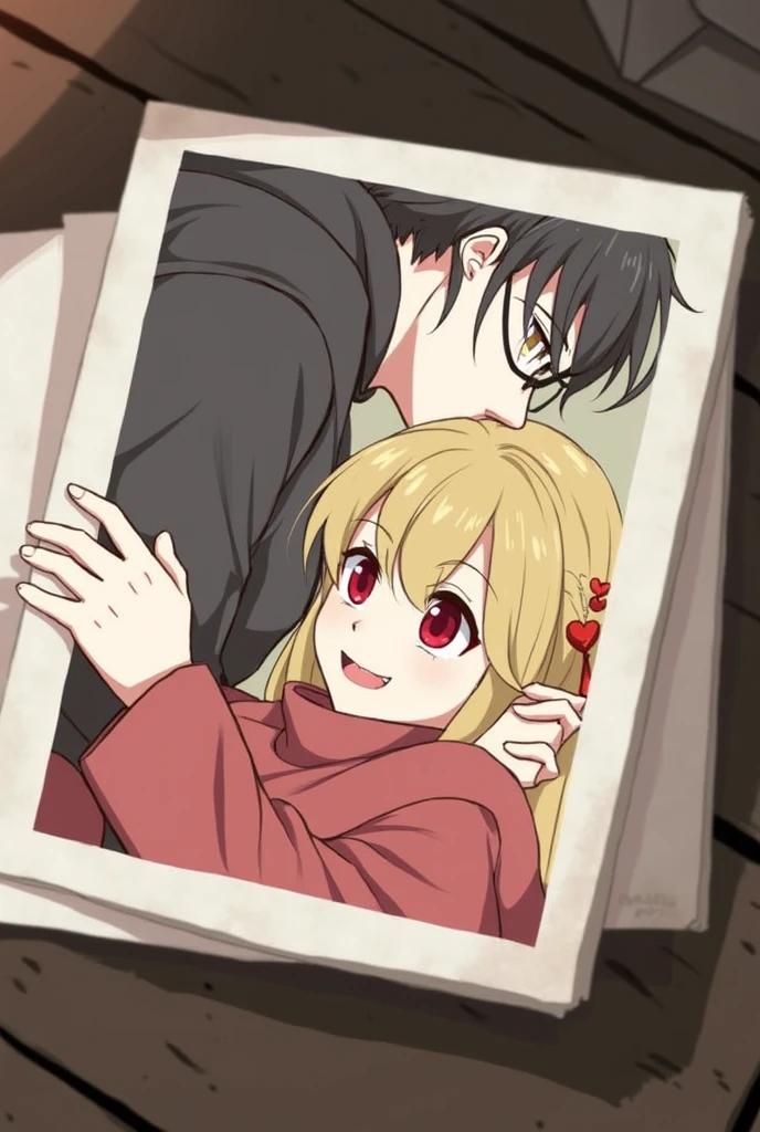 anime boy with black hair and red eyes with a cold look hugging a short blonde girl from behind as she holds a knife laughing at the outfit and face full of yandere blood