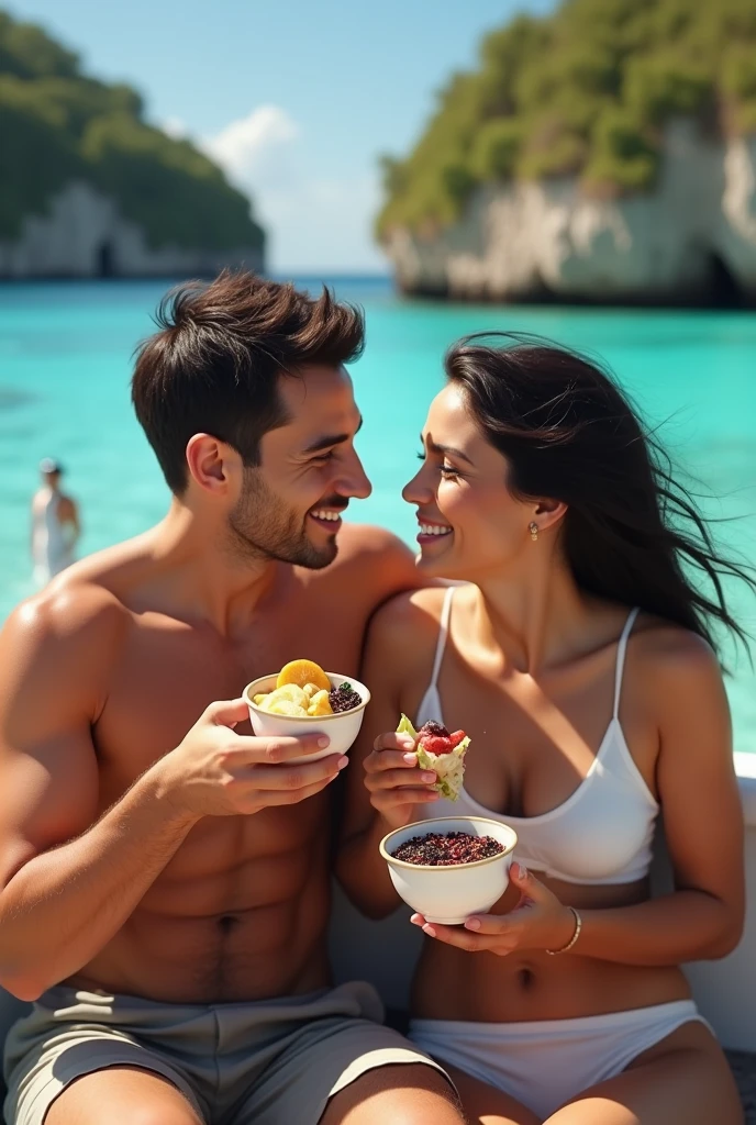 Realistic man and wife 25-35 years old, On the Caribbean boat, black hair, brown eyes, eating açaí , with friends Ultra HD, high qualiy, best qualityer, high resolution, 8k, 16K