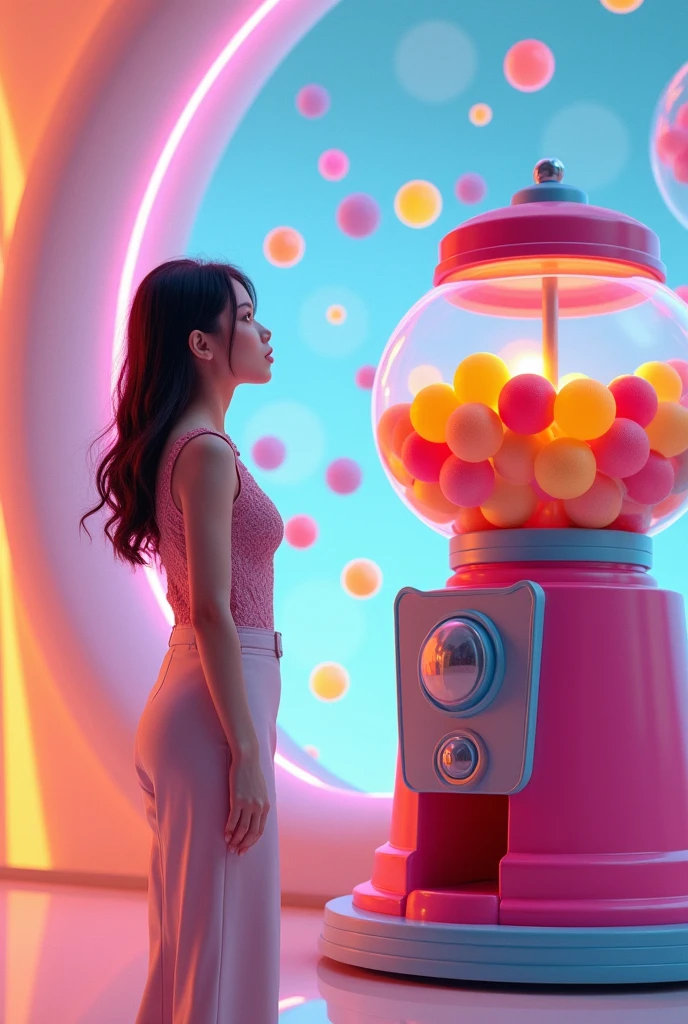 Gumball machine and a female kpop idol looking at it in awe 