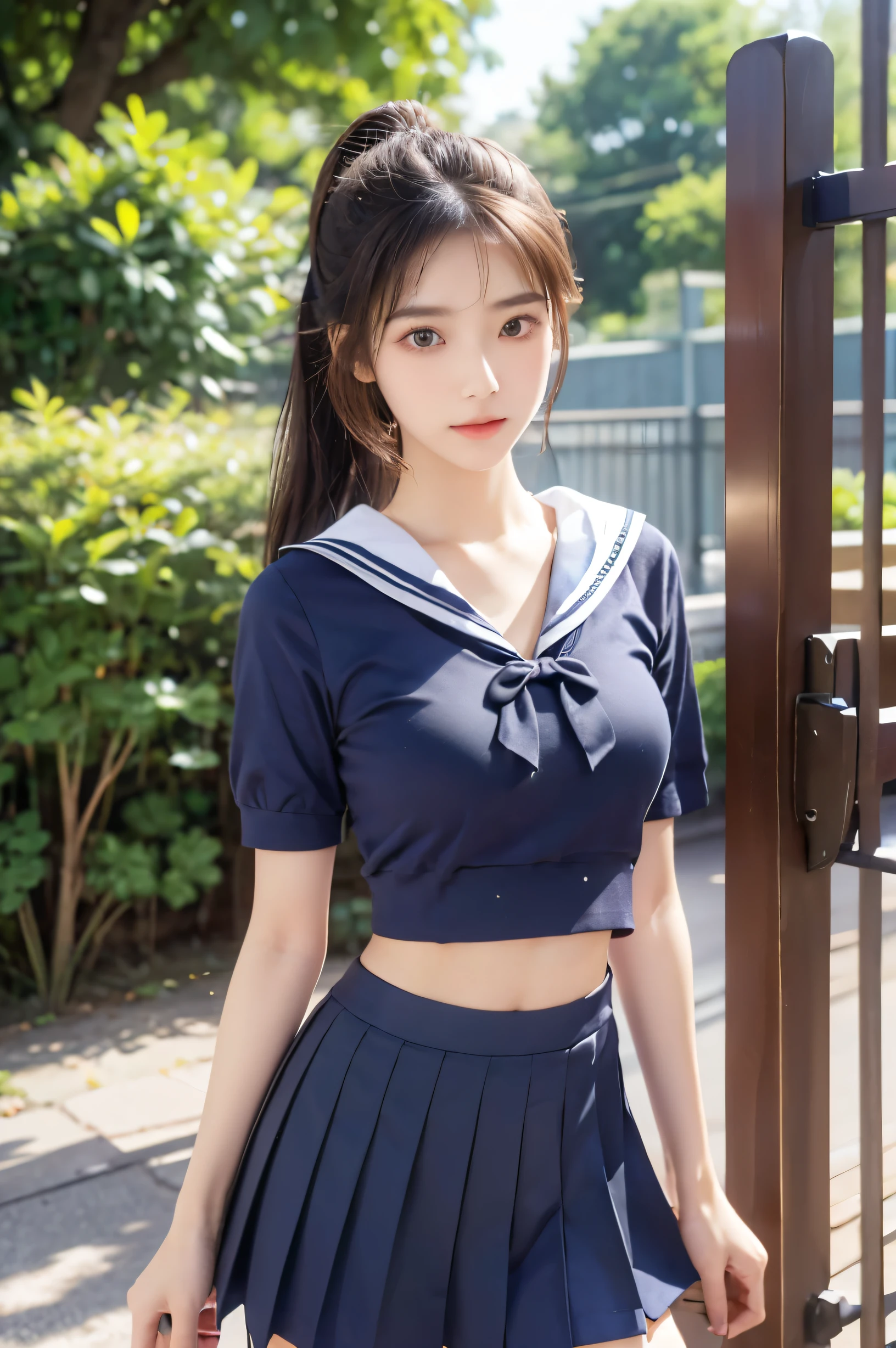 (Ultra HD), (Looking at me), (The whole body is shown), (Short-sleeved sailor uniform, Navy blue mini skirt), Big Breasts, slender, Narrow waist, (I can see my belly button:0.8), (Thin legs:1.2), (Thin thighs:1.2), (Thin Hips:1.4), (Beautiful Skin, Shiny skin, White skin), (Super slim face, Super beautiful face, No makeup), (ponytail, Layered Cut, Fluffy hair), (double eyelid, Slanted Eyes), Small Nose, Thin lips, Are standing, In front of the school gate