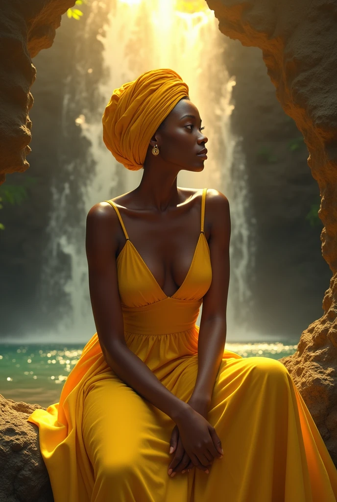 black human woman dressed in yellow with a yellow turban tied to her hair sitting inside a beautiful waterfall with yellow glow around