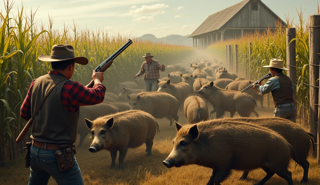 Millions of wild boars trapped inside a pen in the middle of a cornfield with farmers armed with shotguns wearing typical country clothes and hats on their heads in Panic wanting to escape over the top
