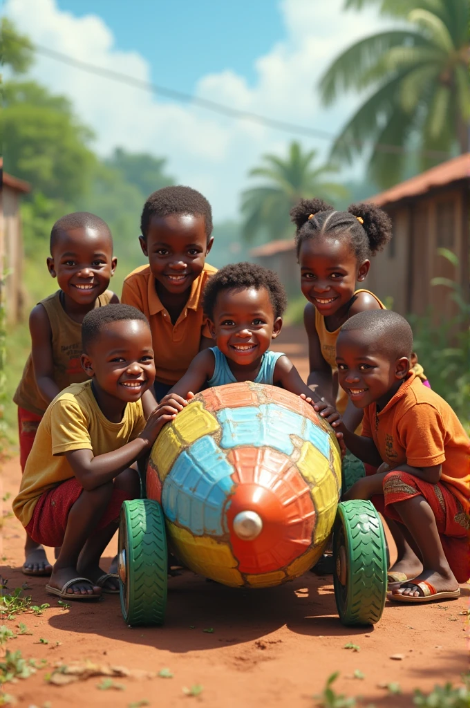 African children next to a car made from plastic bottles