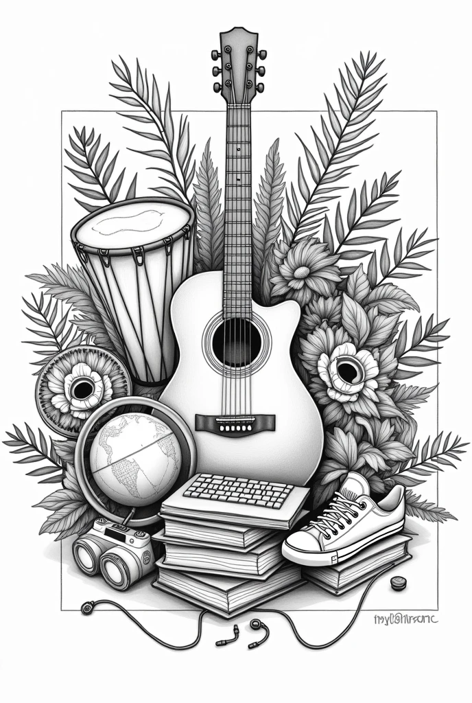 black and white linear drawing with various elements of Brazilian culture. drums, guitar, mascaras, flowers, photographic machines, terrestrial globe, textbooks, earbuds, keyboards, mike, sneaker.
