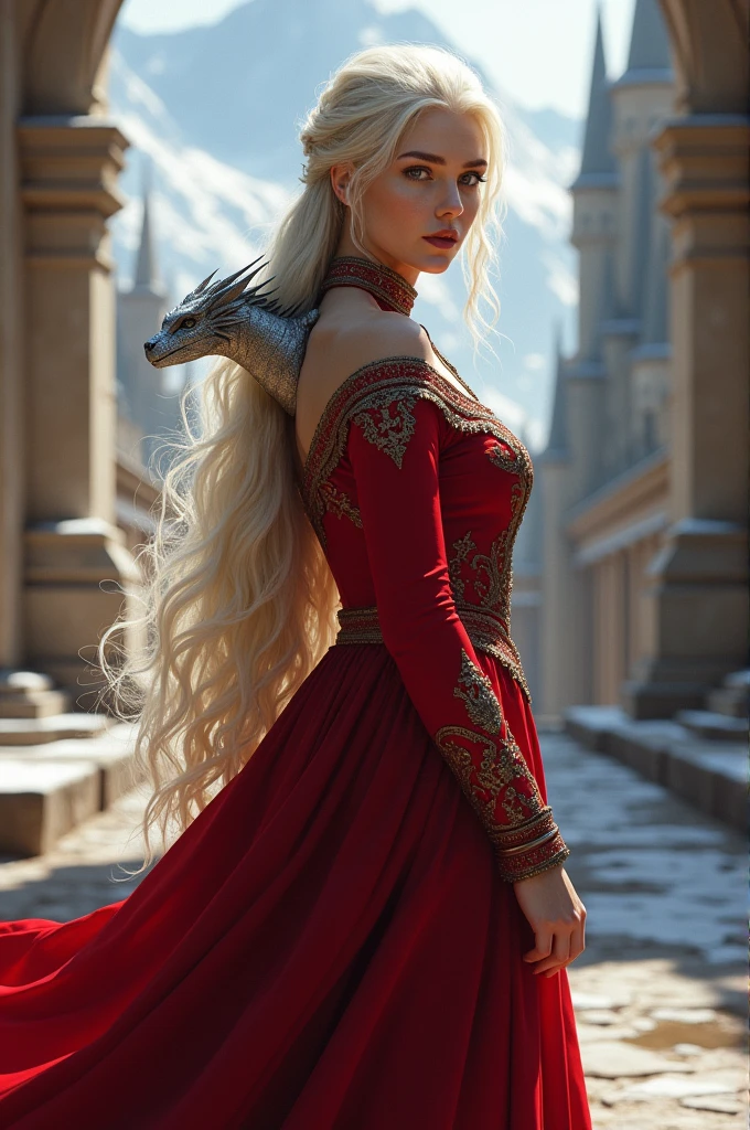 Caucasian female, silver blonde hair 38 years old, estilo targaryen game of thrones. Mediovale. wearing red dress, with a small silver-gray baby dragon on her shoulders