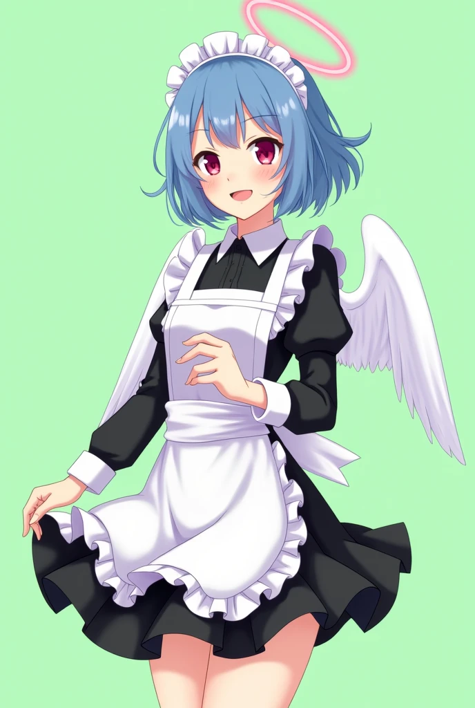 Maid cafe maid with short blue hair, Red eyes, a sensual and happy expression, age range between 18 and 26 years, with angel wings, black uniform, anime style completely in 2D, with pastel colors, with a completely flat and green background