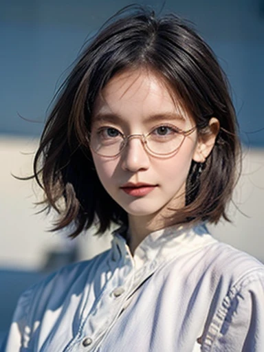 Photo of a beautiful woman standing on a street corner, (masterpiece:1.2, highest quality), (Realistic, photoRealistic:1.4), Beautiful illustrations, (Natural Side Lighting, Cinema Lighting), Written boundary depth, Beautiful thighs staring at the viewer, (((Face Focus, Upper Body))), 1 female, 30-year-old, alone, thin, slender, small breasts!!!, Short Hair, Straight Hair, Forehead, Forehead, Forehead, Forehead, thin, slender, (((glasses))), White blouse with formal collar, Skinny black pants, Are standing, New York 25th Street