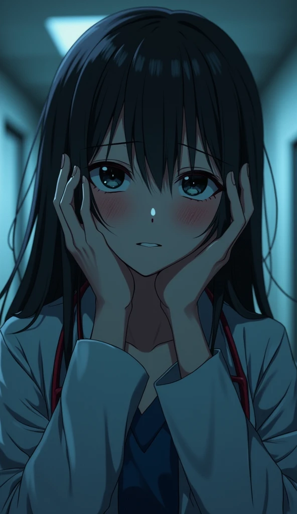 "Create a close-up anime-style image of a young 24-year-old girl in a dimly lit hospital corridor. She appears deeply sad, with visible signs of distress on her face, where faint traces of blood are seen. Her long hair falls over her shoulders, slightly disheveled, adding to her weary appearance. The girl wears a doctor’s outfit, emphasizing her role and the weight of her trauma. Her eyes are black, "but her expression conveys a profound sense of loss and discomfort as the number of ghostly hands emerge from the background, touching her face and making her feel uneasy". The scene is cast in cold, bluish light with a red theme, highlighting the intensity of her emotional and physical anguish as the hands seem to invade her personal space, symbolizing the torment and haunting aftermath of a violent event."