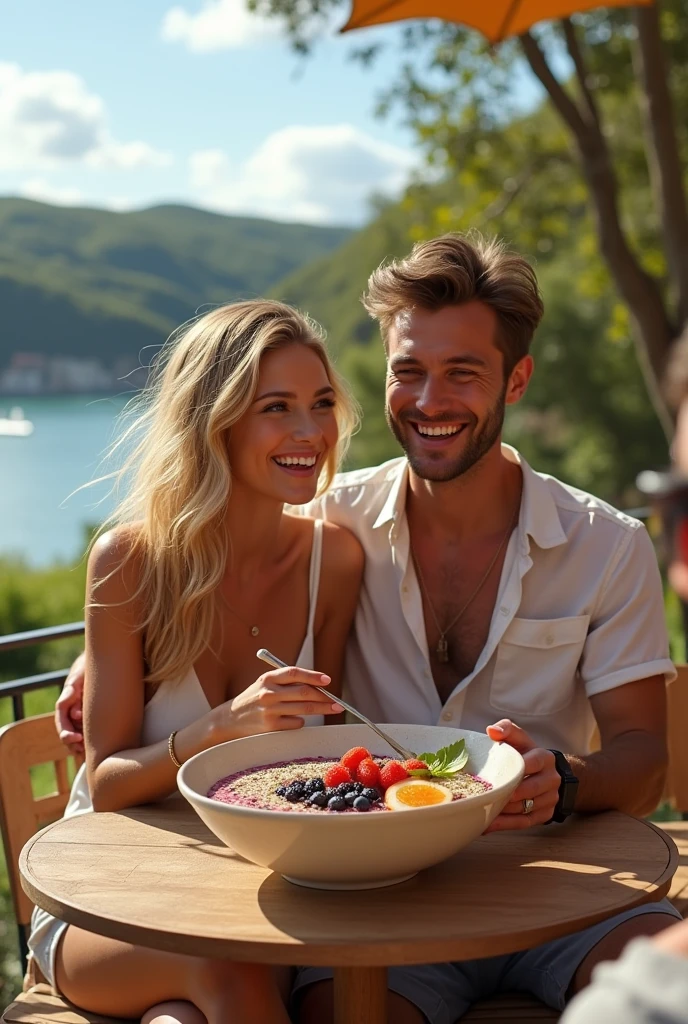 Realistic Man and Girlfriend 25-35 years old, in Portugal blonde hair brown eyes eating acai in a bowl  , with friends Ultra HD, high qualiy, best qualityer, high resolution, 8k, 16K
