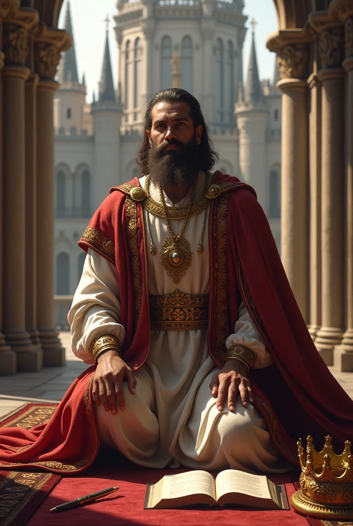 King Solomon kneeling shirt badge, A castle,corona ,pen and a book.