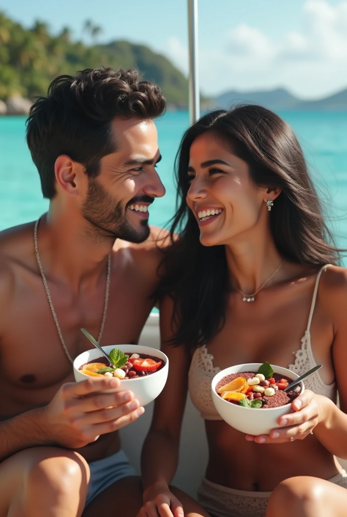 Realistic man and wife 25-35 years old, On the Caribbean boat, black hair, brown eyes, eating açaí , with friends Ultra HD, high qualiy, best qualityer, high resolution, 8k, 16K