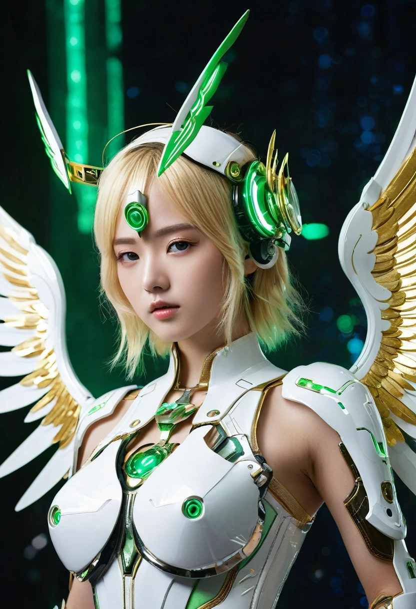 ((masterpiece, Highest quality, Best image quality, High resolution, Realistic, RAW Photos, 8k)), ((Highly detailed CG synthesis 8k wallpaper)), (So hot and beautiful、Beautiful feet、Incredible beauty, Perfect Proportions)、(((Japanese)))、((ung girl))、(((10 y)))、blonde、Cowboy Shot、Corrosive、reflection、Ray Tracing、Demo Theme、compass、golden ring、Holiness、Cyber Effects、長いblondeの髪、Golden Disk Device、Purple glowing reactor、Golden Light Straight Head、alone、White and green decorated mecha girl、Dressed in white and green、Futuristic Bodysuit Dress、White and green Greek dress、Golden decoration、黄金のwing decoration、wing decoration、Hair decoration、Golden wing head decoration、白と緑のwing decoration、Mechanical Ear Cuff、Futuristic circular ear cuff、Mechanical Harrow、Hello Star、White and green futuristic body armor、Complex futuristic bodysuit、Mecha Corset、Stylish futuristic armor、Future Wing Gadget、Left and right disk units、Two complex futuristic flight plate gadgets、Futuristic gadget with left and right discs、Shining Futuristic Wing Core、blonde、Hair between the eyes、Golden Hair、Starry Sky、Rainbow Eyes、Shining Eyes、Eye Imprint、Random facial expressions、Random Actions、Starry Sky、Skyline