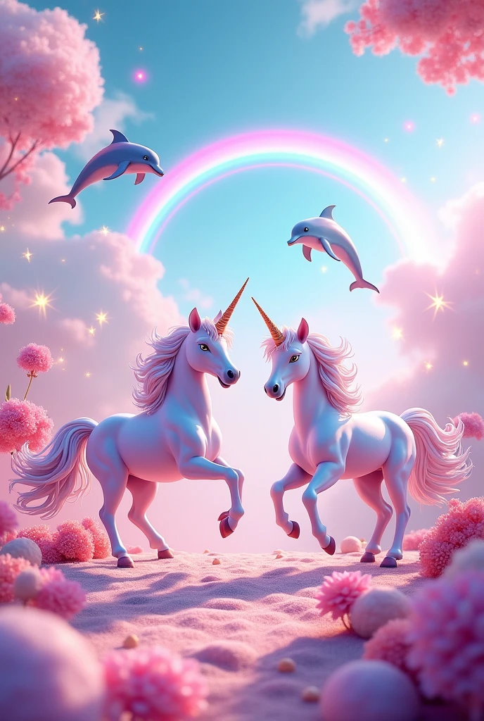 many unicorns in a pink world with rainbows with dolphins
fantasy happy colorful 
