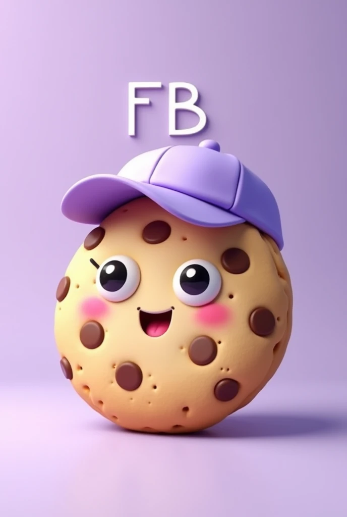 Non-realistic drawing type cookie that is happy, that has chocolate chips, that had a light purple cap and that said FB in capital letters and that the background was light purple 
