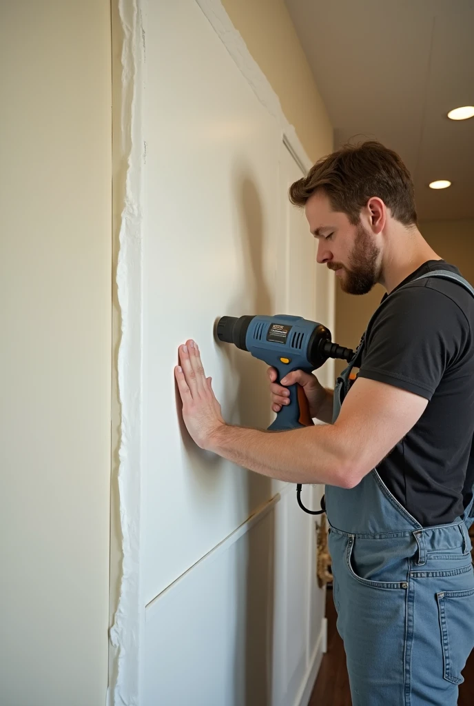 Character applying wallpaper with adhesive and heat gun 