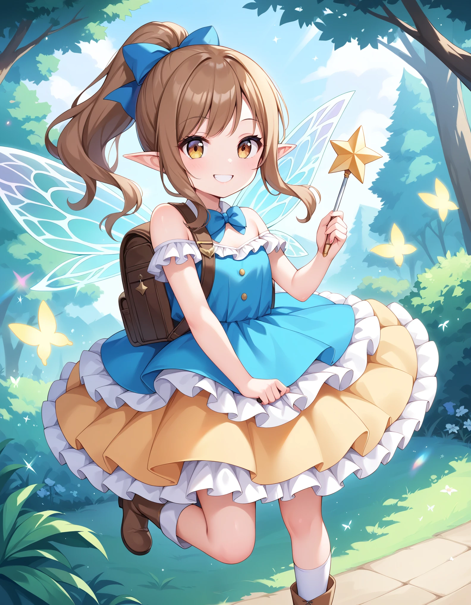 Masterpiece, hd, 1girl, cute girl, 8 years old, pointed ears, elf, brown hair, smile, ponytail, hair ribbon, wearing cute dress, frilled dress,party dress,party costume, colorful dress, sparkling dress, bare shoulder, bowtie, standing, outdoor, fairy land, happy, smile , wearing randoseru backpack, brown backpack, children playing, fullbody, fairy dress, fairy land, have wings, girl with wings, fullbody, wearing boots, white socks, holding wand, magic wand