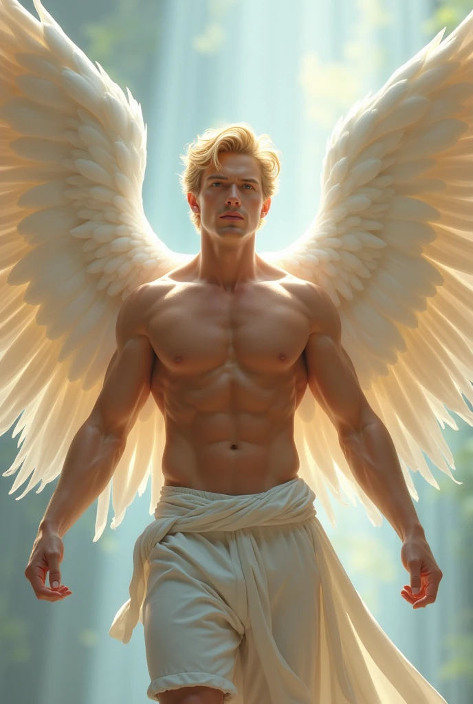 Muscular young blond Caucasian man An angel with big white wings I'm not wearing anything